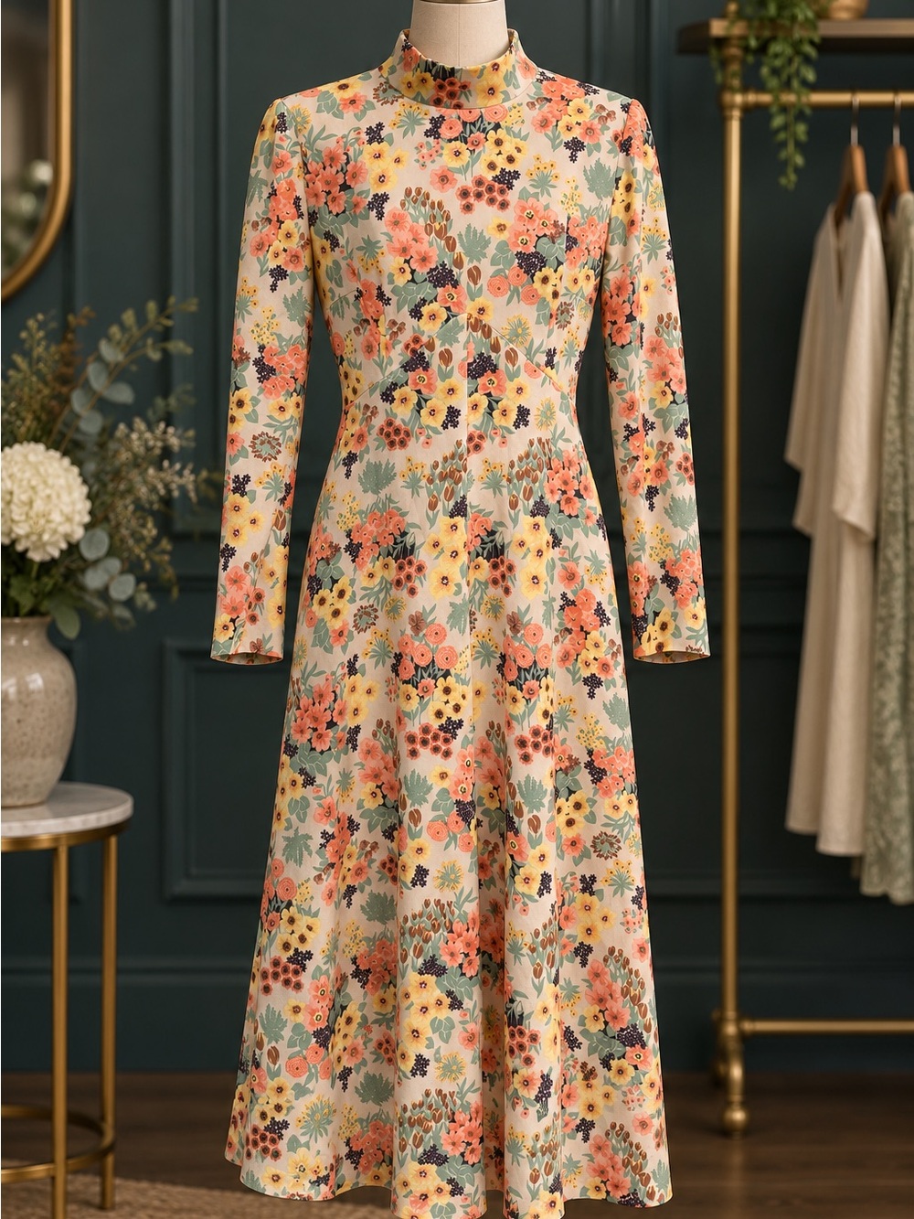 Vintage handmade Floral High-Neck Long Sleeve Midi Dress cottage core S